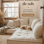 Un salon chaleureux avec un canapé confortable et des coussins de sol colorés