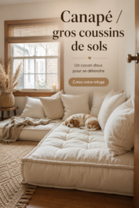 Un salon chaleureux avec un canapé confortable et des coussins de sol colorés