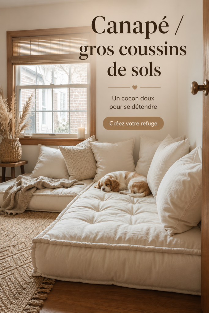 Un salon chaleureux avec un canapé confortable et des coussins de sol colorés