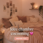 Chambre cocooning chaleureuse avec des couleurs douces et des textiles confortables.
