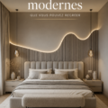 Chambre moderne avec des touches scandinaves et un éclairage doux