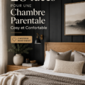 Chambre parentale cosy avec des couleurs chaleureuses et des textiles douillets.