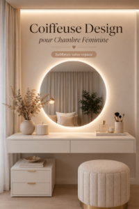 Coiffeuse design avec miroir et tiroirs dans une chambre féminine élégante.