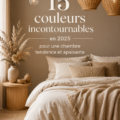 Palette de couleurs apaisantes pour une chambre en 2025, incluant nuances de bleu, vert et beige.