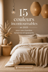 Palette de couleurs apaisantes pour une chambre en 2025, incluant nuances de bleu, vert et beige.
