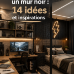 Chambre d'ado moderne avec un mur noir et des éléments décoratifs colorés.