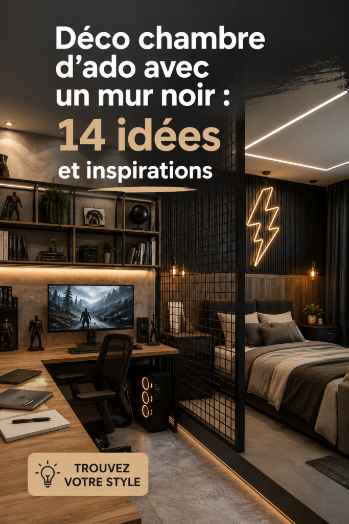 Chambre d'ado moderne avec un mur noir et des éléments décoratifs colorés.