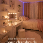 Chambre décorée dans un style aesthetic avec des couleurs douces et harmonieuses.