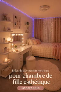 Chambre décorée dans un style aesthetic avec des couleurs douces et harmonieuses.