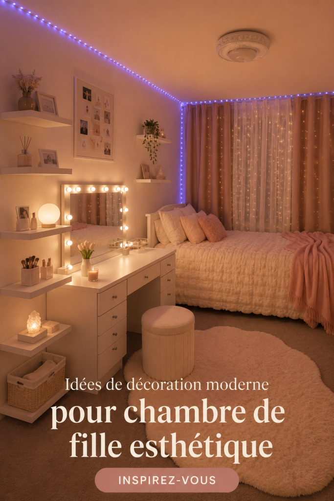 Chambre décorée dans un style aesthetic avec des couleurs douces et harmonieuses.