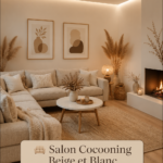 Salon cocooning beige et blanc avec des coussins et un tapis cosy