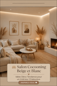 Salon cocooning beige et blanc avec des coussins et un tapis cosy