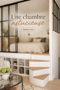 Chambre astucieuse avec décoration chaleureuse et mobilier fonctionnel.