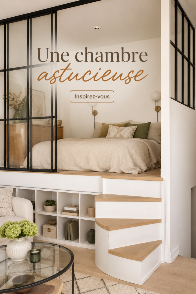 Chambre astucieuse avec décoration chaleureuse et mobilier fonctionnel.