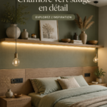 Chambre décorée en vert sauge avec des accessoires harmonieux.
