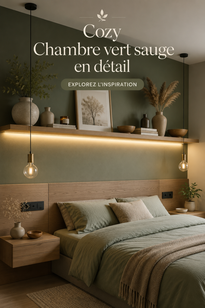 Chambre décorée en vert sauge avec des accessoires harmonieux.