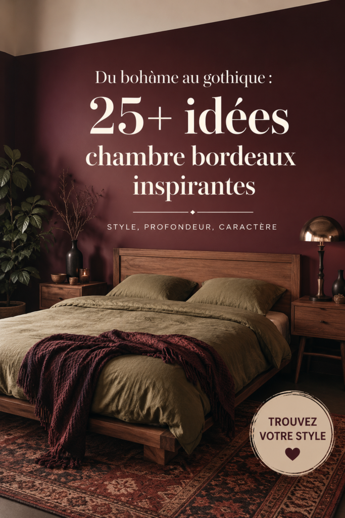 Une chambre bourgogne chaleureuse avec des motifs bohèmes.