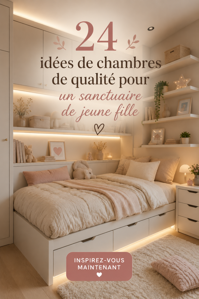 Chambre d'adolescente décorée avec des couleurs douces et des éléments personnalisés