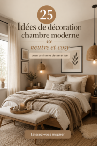 Chambre moderne aux couleurs neutres, décorée avec goût pour un espace cozy.