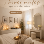 Salon décoré pour l'hiver avec des couleurs douces et des textiles confortables