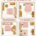 Un aménagement de chambre moderne et élégant mettant en avant un lit au centre et des couleurs douces.