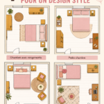 Un aménagement de chambre moderne et élégant mettant en avant un lit au centre et des couleurs douces.