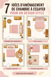 Un aménagement de chambre moderne et élégant mettant en avant un lit au centre et des couleurs douces.