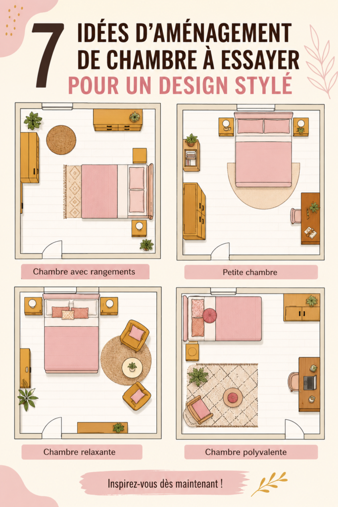 Un aménagement de chambre moderne et élégant mettant en avant un lit au centre et des couleurs douces.