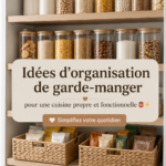 Un garde-manger bien organisé avec des étagères à rayonnage et des bocaux étiquetés.