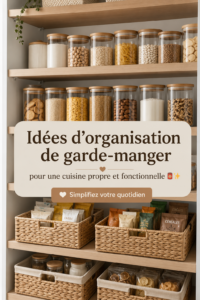 Un garde-manger bien organisé avec des étagères à rayonnage et des bocaux étiquetés.