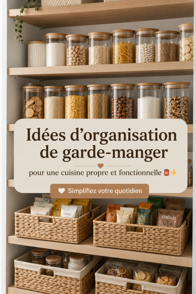Un garde-manger bien organisé avec des étagères à rayonnage et des bocaux étiquetés.