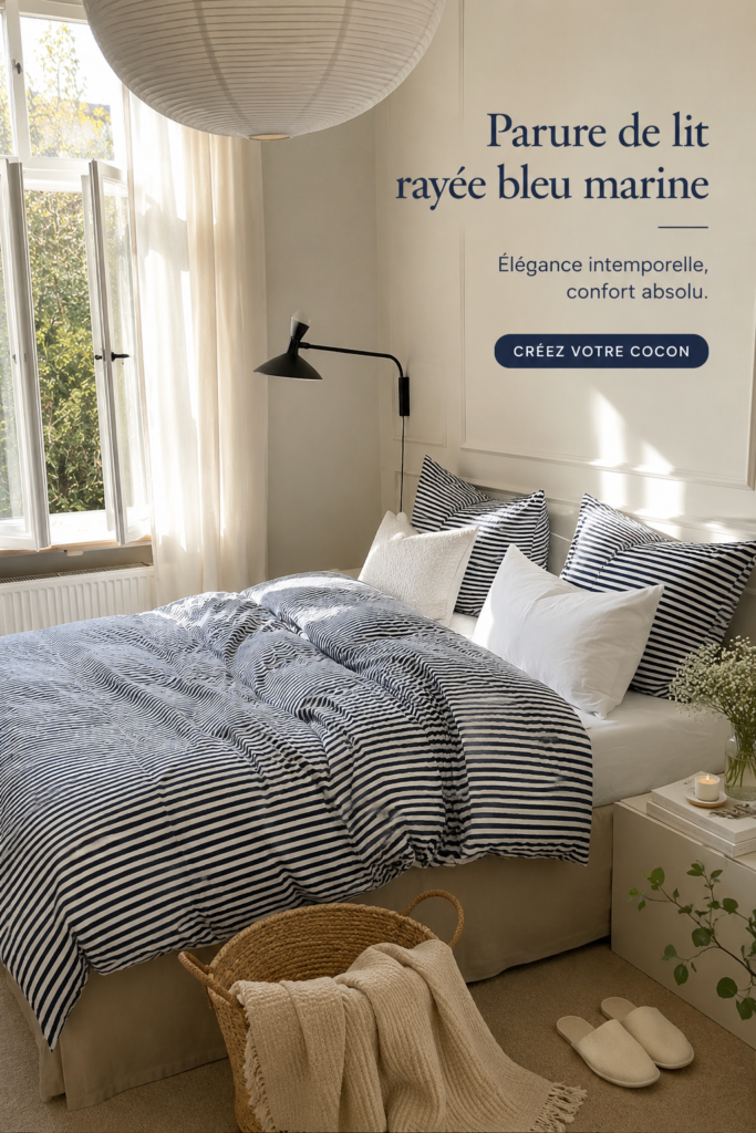 Parure de lit bleu navy rayé sur un lit élégant