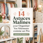 Dressing bien organisé avec des vêtements colorés et rangés soigneusement, illustrant les astuces d'organisation.
