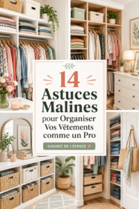 Dressing bien organisé avec des vêtements colorés et rangés soigneusement, illustrant les astuces d'organisation.