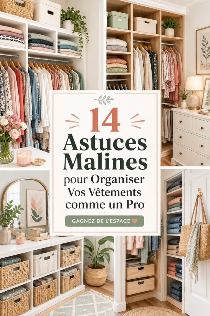 Dressing bien organisé avec des vêtements colorés et rangés soigneusement, illustrant les astuces d'organisation.