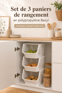 Trois paniers de rangement Bazyl en polypropylène décorés dans un intérieur moderne.