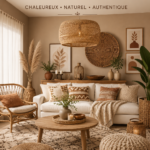 Salon boho élégant avec des teintes brunes et crèmes