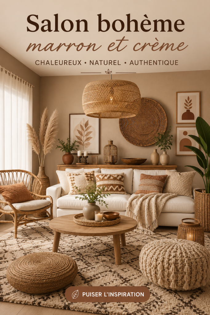 Salon boho élégant avec des teintes brunes et crèmes