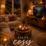 Un salon cosy décoré avec des coussins et un éclairage tamisé