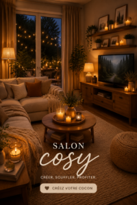 Un salon cosy décoré avec des coussins et un éclairage tamisé