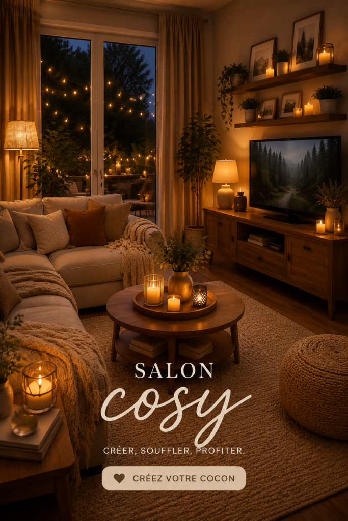 Un salon cosy décoré avec des coussins et un éclairage tamisé