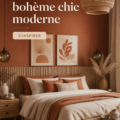Chambre chic moderne avec des accents boho, reflétant les tendances 2025.