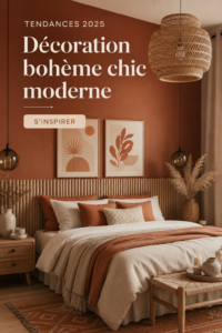 Chambre chic moderne avec des accents boho, reflétant les tendances 2025.