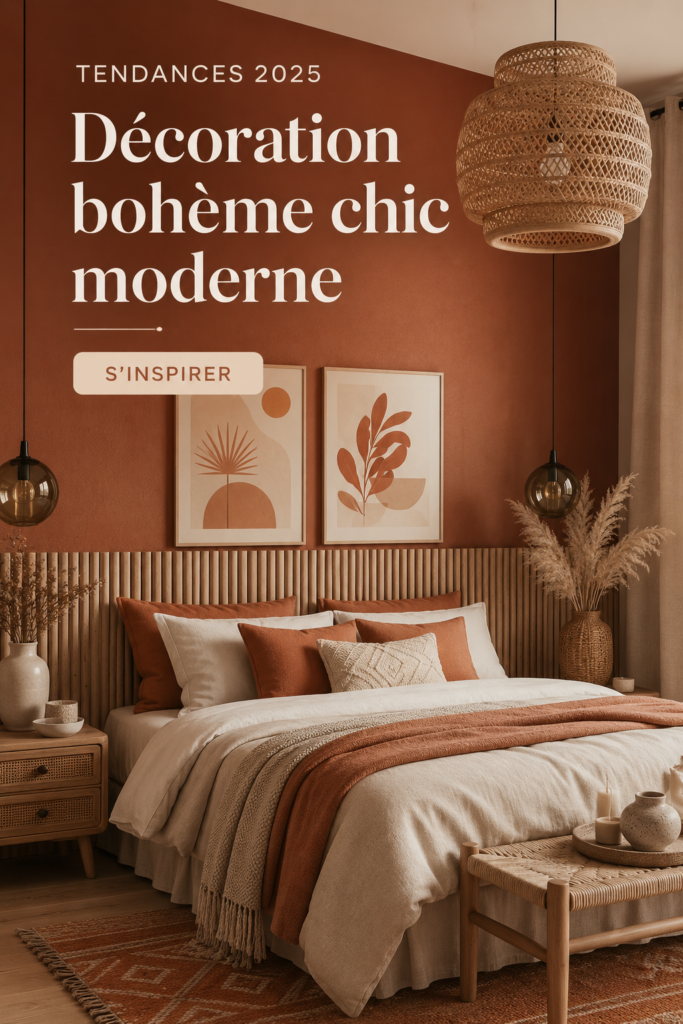 Chambre chic moderne avec des accents boho, reflétant les tendances 2025.