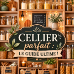 Un cellier bien aménagé avec des étagères et des bocaux.
