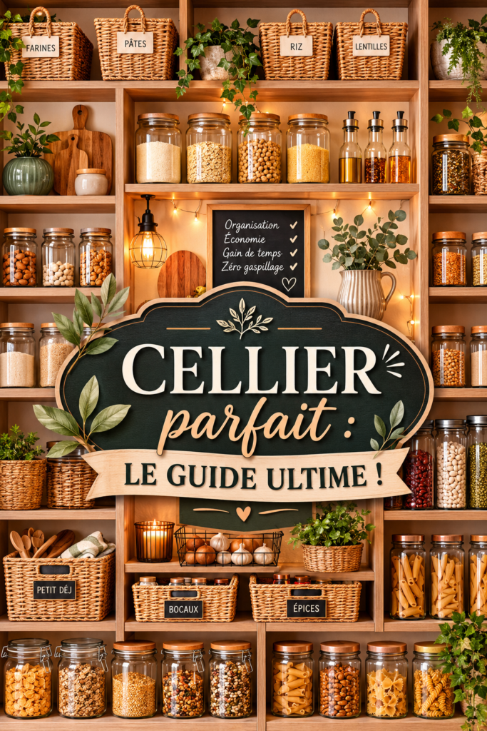 Un cellier bien aménagé avec des étagères et des bocaux.