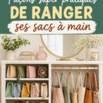 Rangement astucieux de sacs à main colorés dans un dressing.