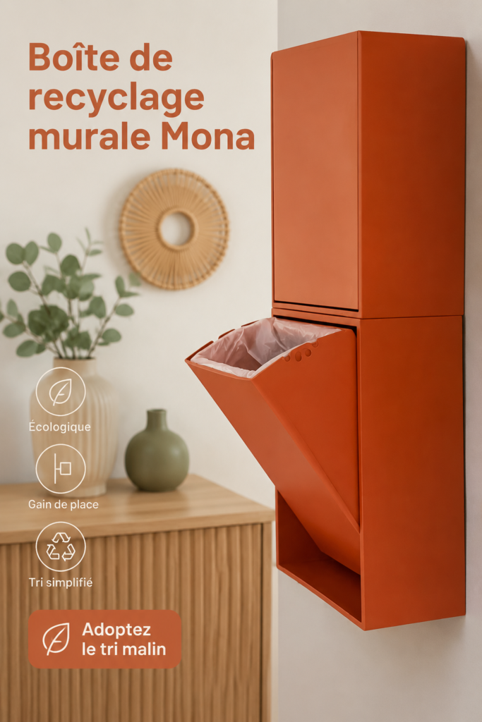 Boîte de recyclage murale Mona dans une cuisine moderne, alliant esthétique et praticité.