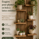 Étagère en bois à lattes ondulées avec des plantes vertes