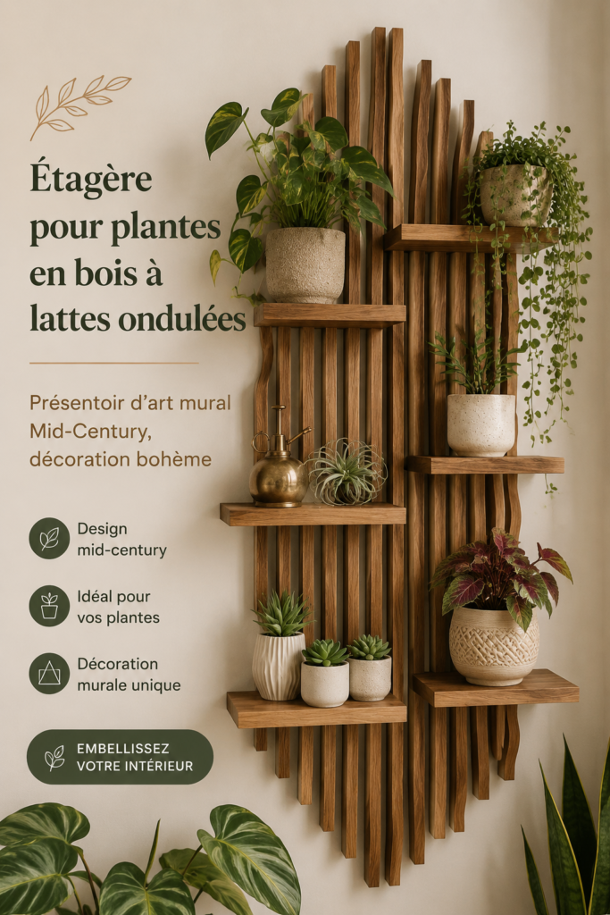 Étagère en bois à lattes ondulées avec des plantes vertes